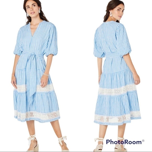Roller Rabbit Blue Valonia Gingham & Lace Maxi Dress 100% Cotton Size Large - Picture 1 of 8